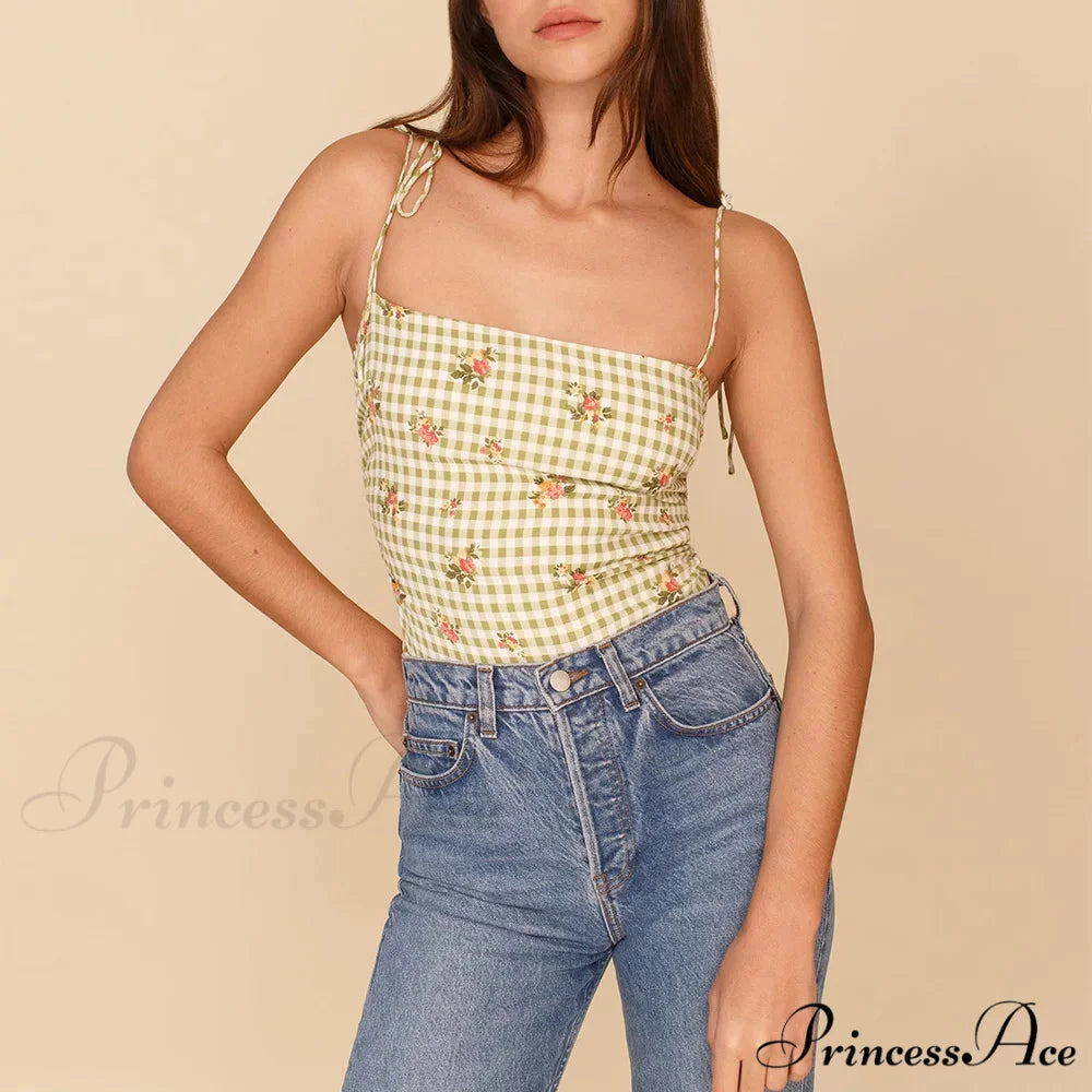 Antique Flower Smocked Bind Strap Slim Fitted Crop Cami Top BEIGE / S croptop-250126