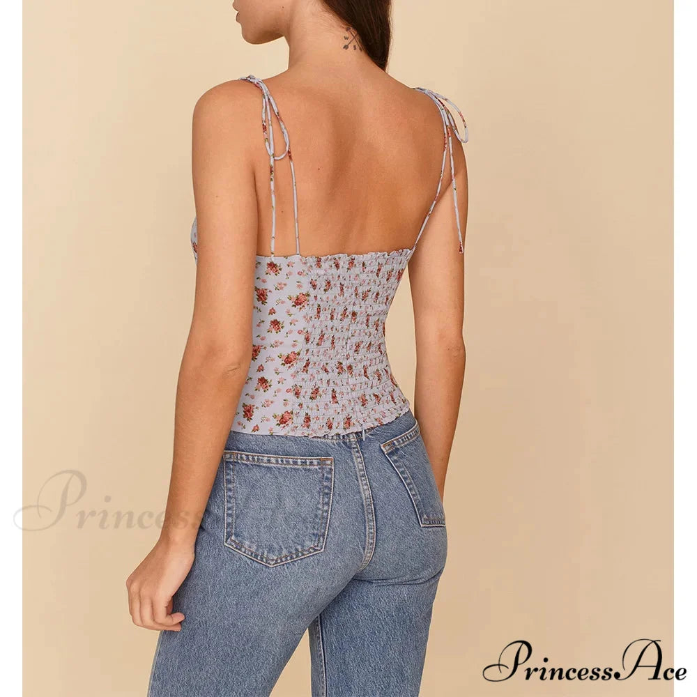 Antique Flower Smocked Bind Strap Slim Fitted Crop Cami Top croptop-250126