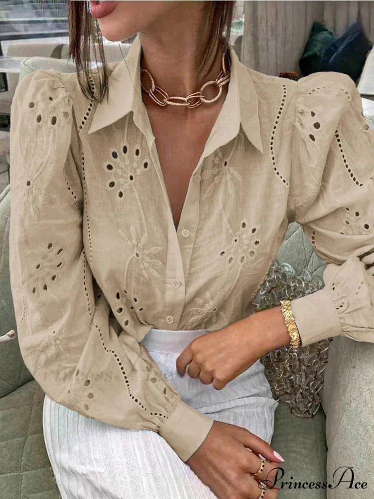 Antique Flower Stitching Hollow Out Puff Sleeve Boho Top Apricot / S bohoblouse-250126