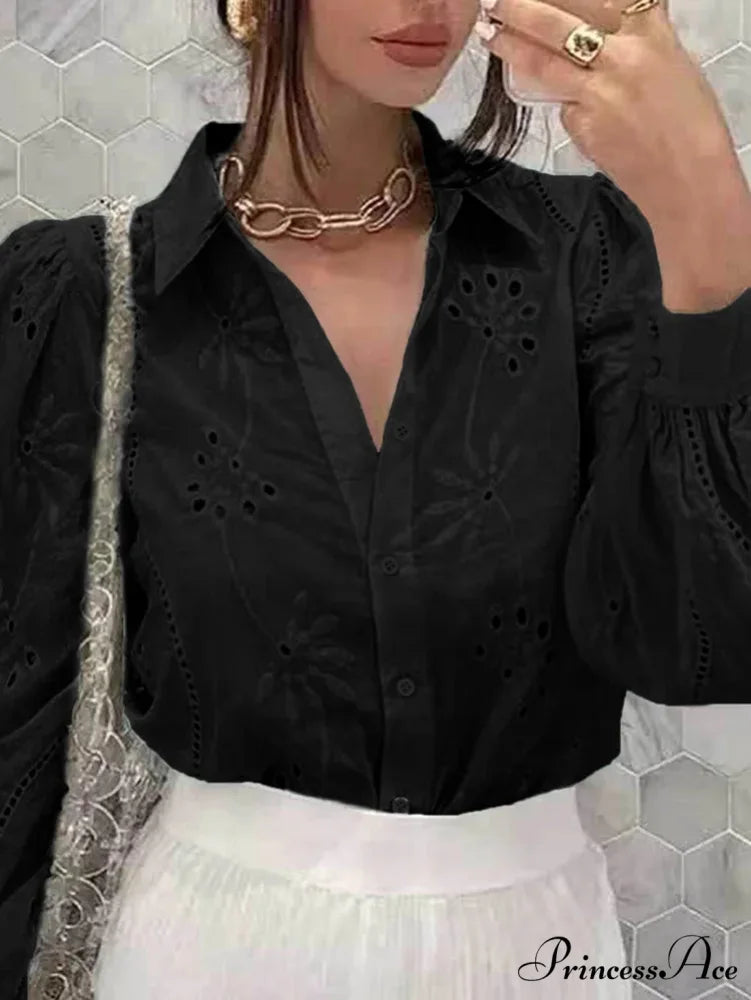 Antique Flower Stitching Hollow Out Puff Sleeve Boho Top Black / S bohoblouse-250126