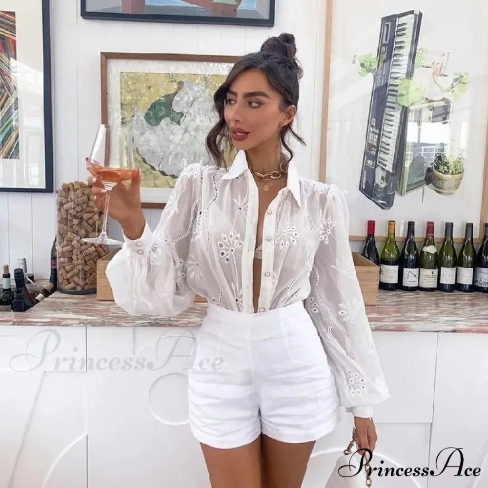 Antique Flower Stitching Hollow Out Puff Sleeve Boho Top bohoblouse-250126