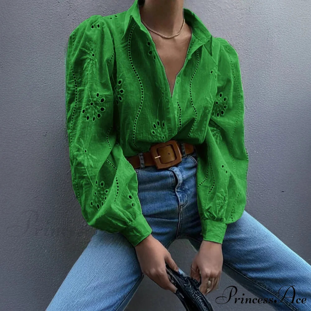 Antique Flower Stitching Hollow Out Puff Sleeve Boho Top Green / S bohoblouse-250126