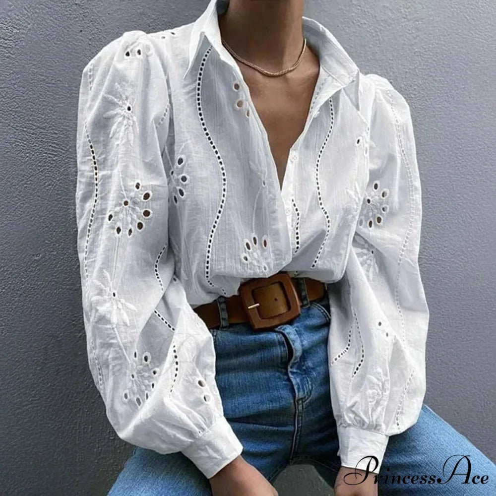 Antique Flower Stitching Hollow Out Puff Sleeve Boho Top White / S bohoblouse-250126