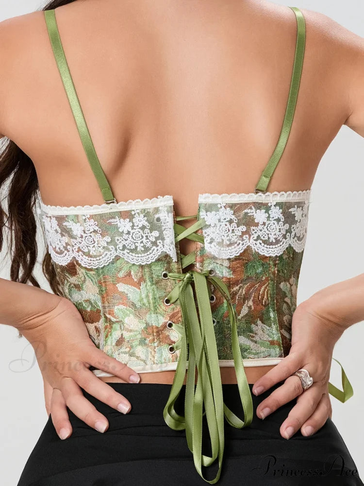 Antique Flowery Lace Edging Bind-up Spaghetti Strap Bustier croptop-250126