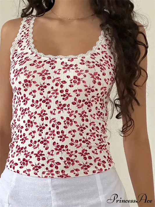 Antique Flowery Lace Trim Sleeveless Crop Top PINK / S croptop-250126