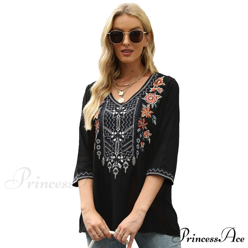 Antique Flowery Stitching Baggy Cotton Extended Sleeve Boho Blouse Black / S bohoblouse-250126