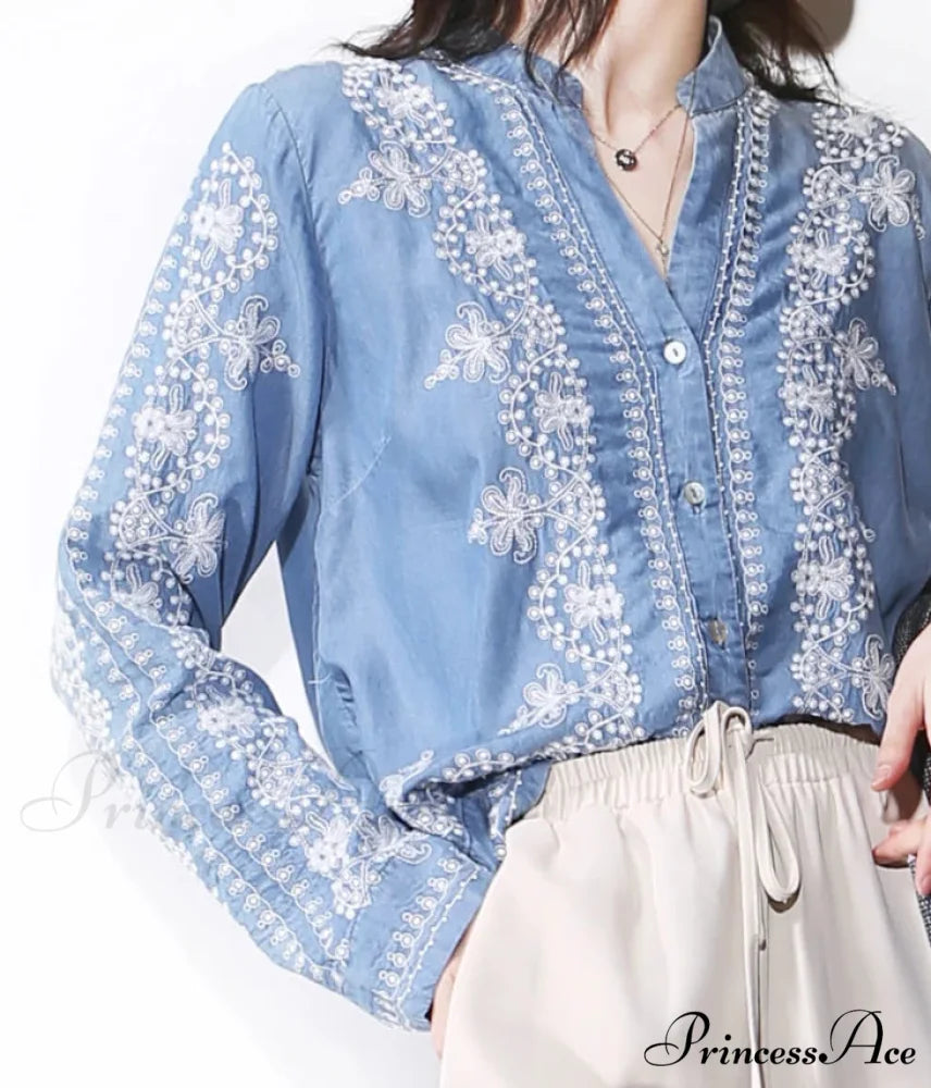 Antique Flowery Stitching Cotton Denim Extended Sleeve Boho Blouse bohoblouse-250126