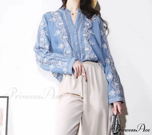 Antique Flowery Stitching Cotton Denim Extended Sleeve Boho Blouse bohoblouse-250126