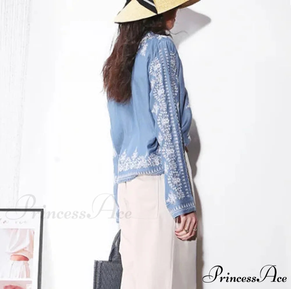 Antique Flowery Stitching Cotton Denim Extended Sleeve Boho Blouse bohoblouse-250126