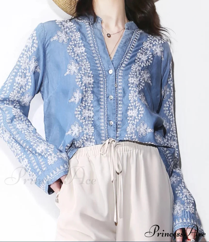 Antique Flowery Stitching Cotton Denim Extended Sleeve Boho Blouse Dark blue / M bohoblouse-250126