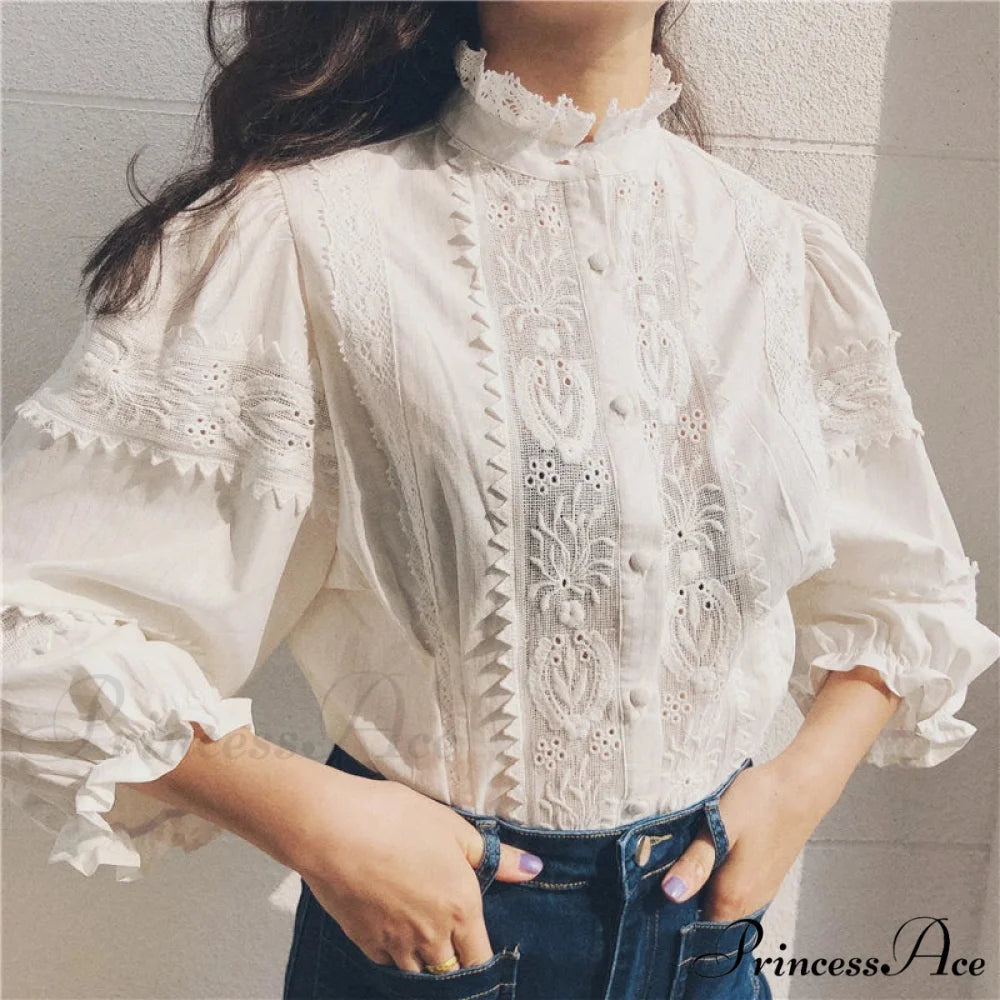 Antique Flowery Stitching Cotton Linen Lantern Sleeve Boho Top bohoblouse-250126