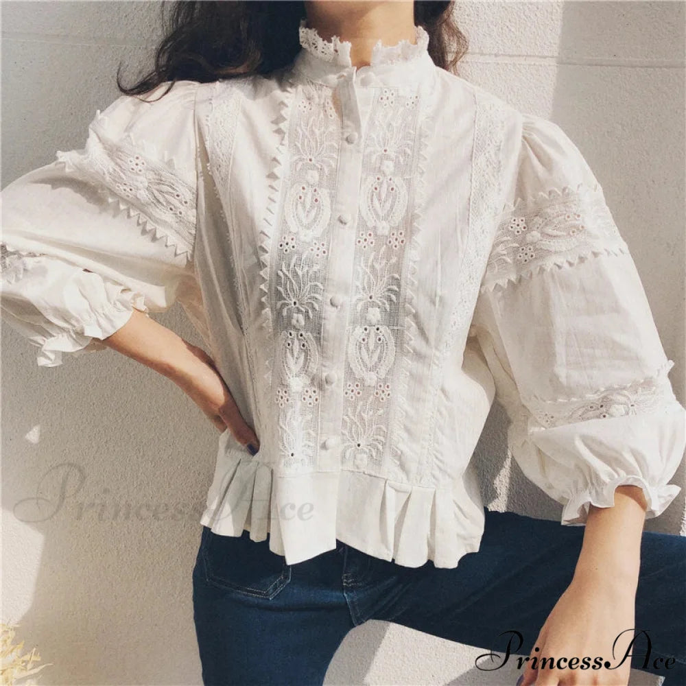 Antique Flowery Stitching Cotton Linen Lantern Sleeve Boho Top bohoblouse-250126