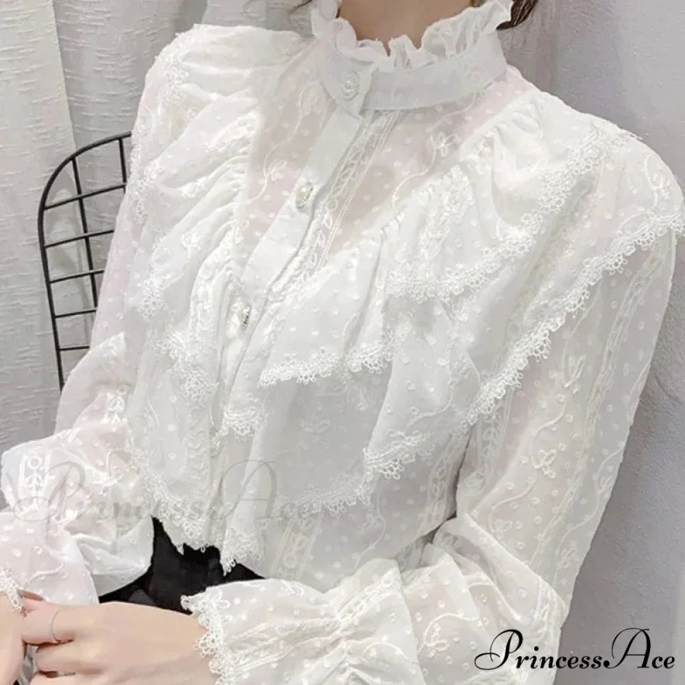 Antique Frilled Lace Ivory Top Extended Sleeve Informal Blouse blouse-250126