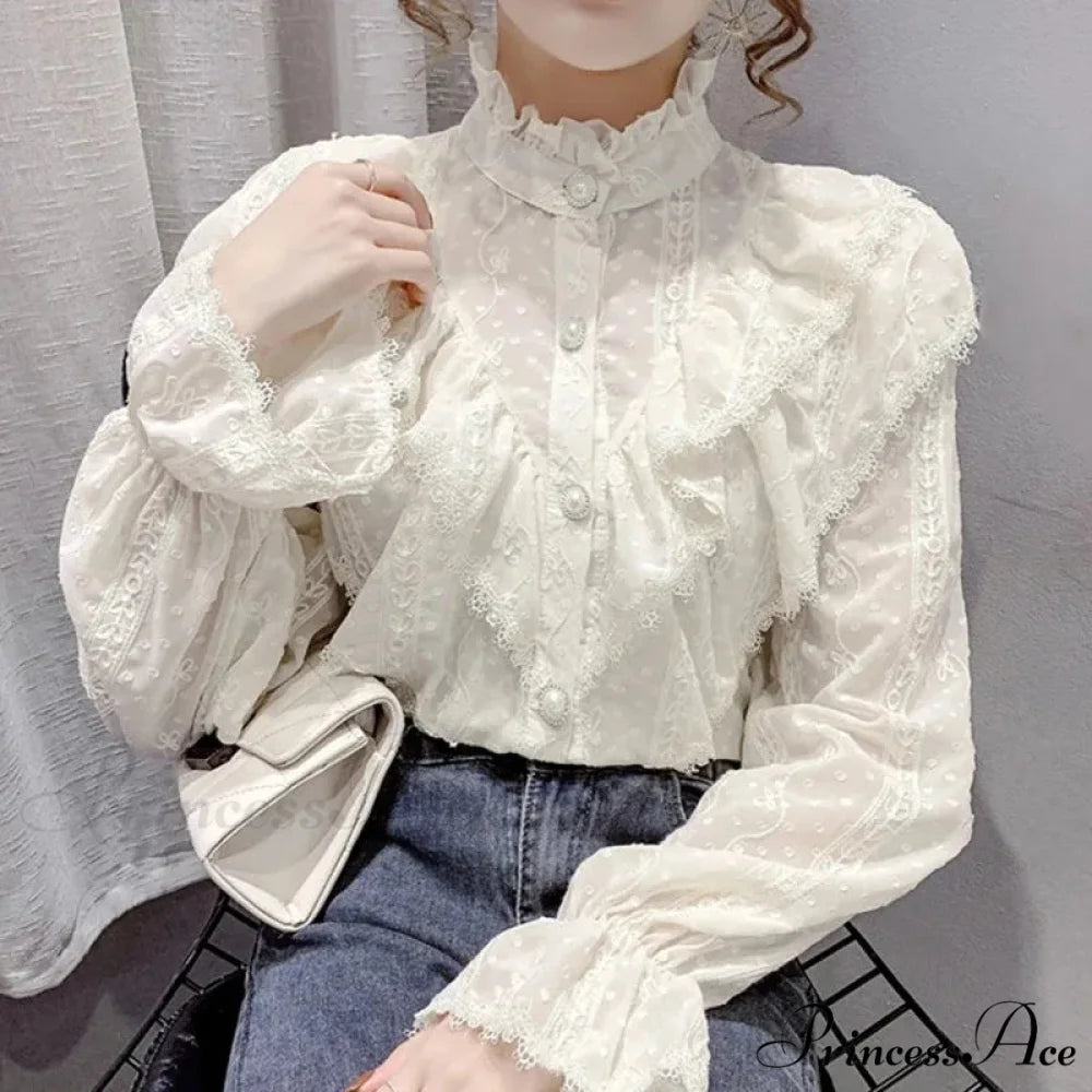 Antique Frilled Lace Ivory Top Extended Sleeve Informal Blouse blouse-250126