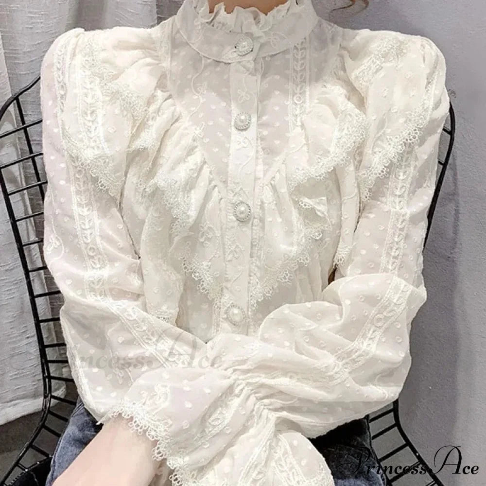 Antique Frilled Lace Ivory Top Extended Sleeve Informal Blouse blouse-250126