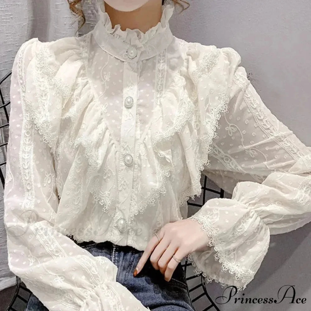 Antique Frilled Lace Ivory Top Extended Sleeve Informal Blouse APRICOT / S blouse-250126