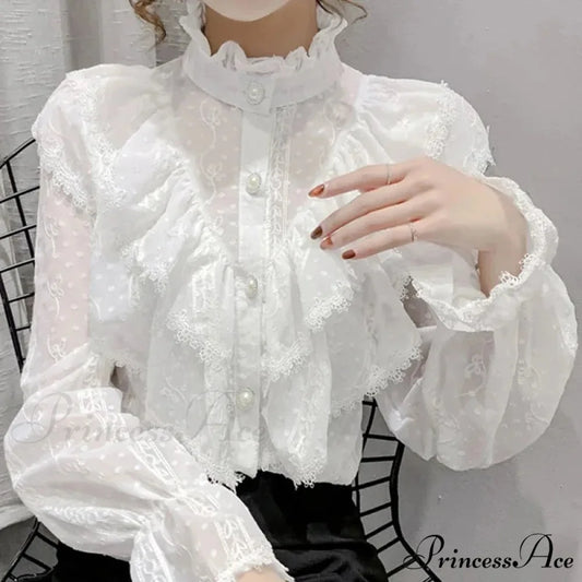 Antique Frilled Lace Ivory Top Extended Sleeve Informal Blouse WHITE / S blouse-250126