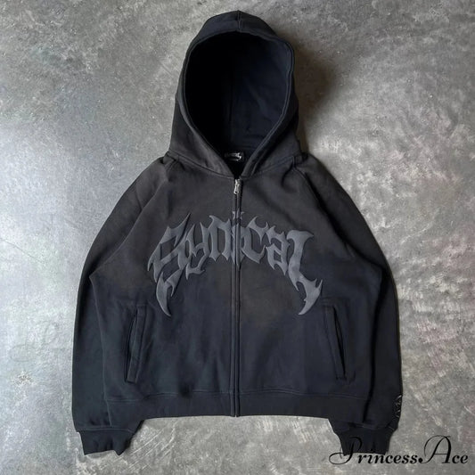 Antique Gothic Printed Zipper Hoodie black / M hoodies-241228
