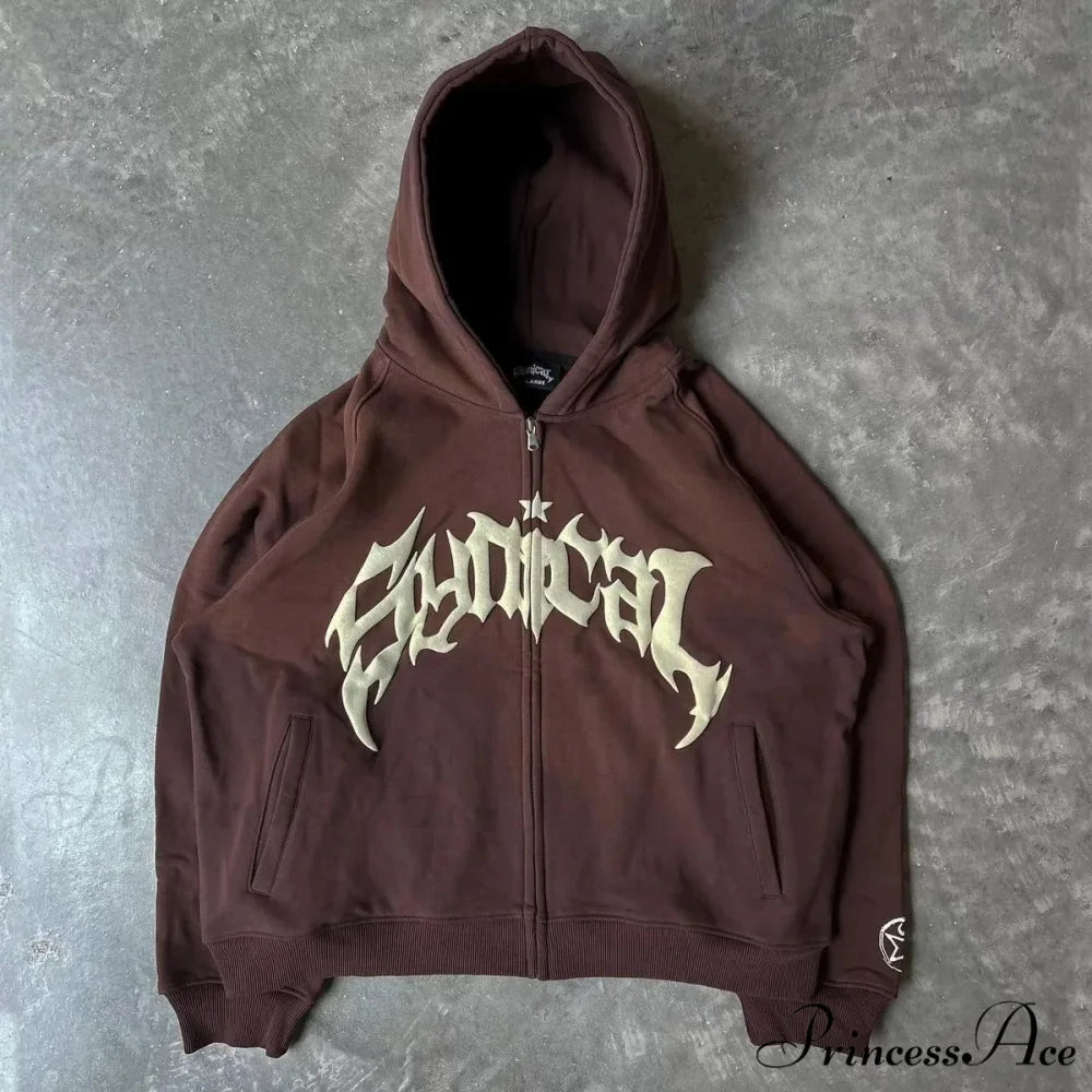 Antique Gothic Printed Zipper Hoodie brown / M hoodies-241228