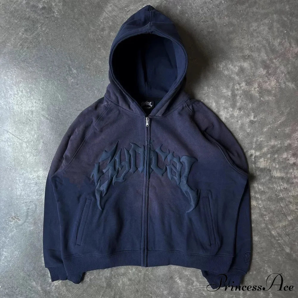 Antique Gothic Printed Zipper Hoodie navy / M hoodies-241228