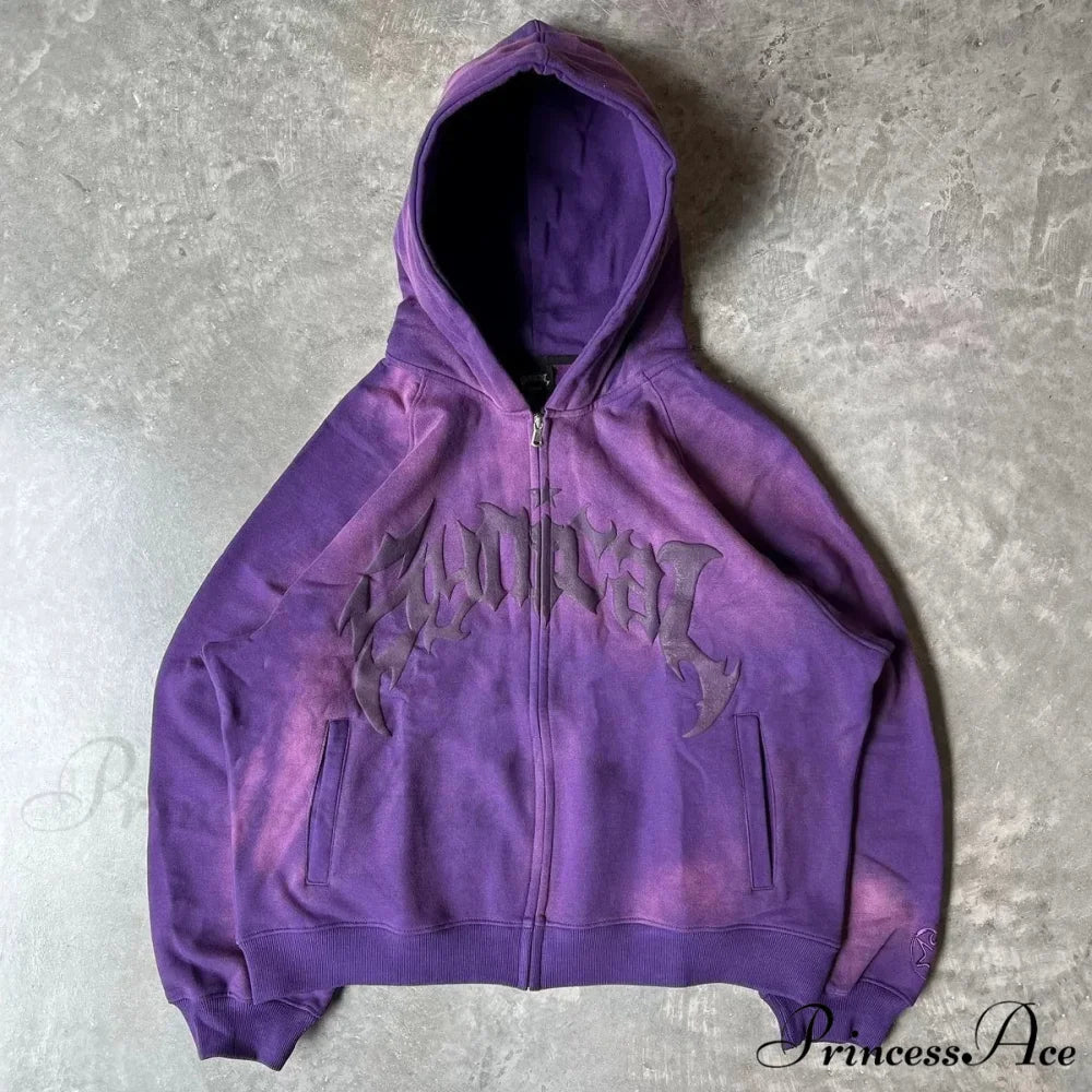 Antique Gothic Printed Zipper Hoodie purple / M hoodies-241228
