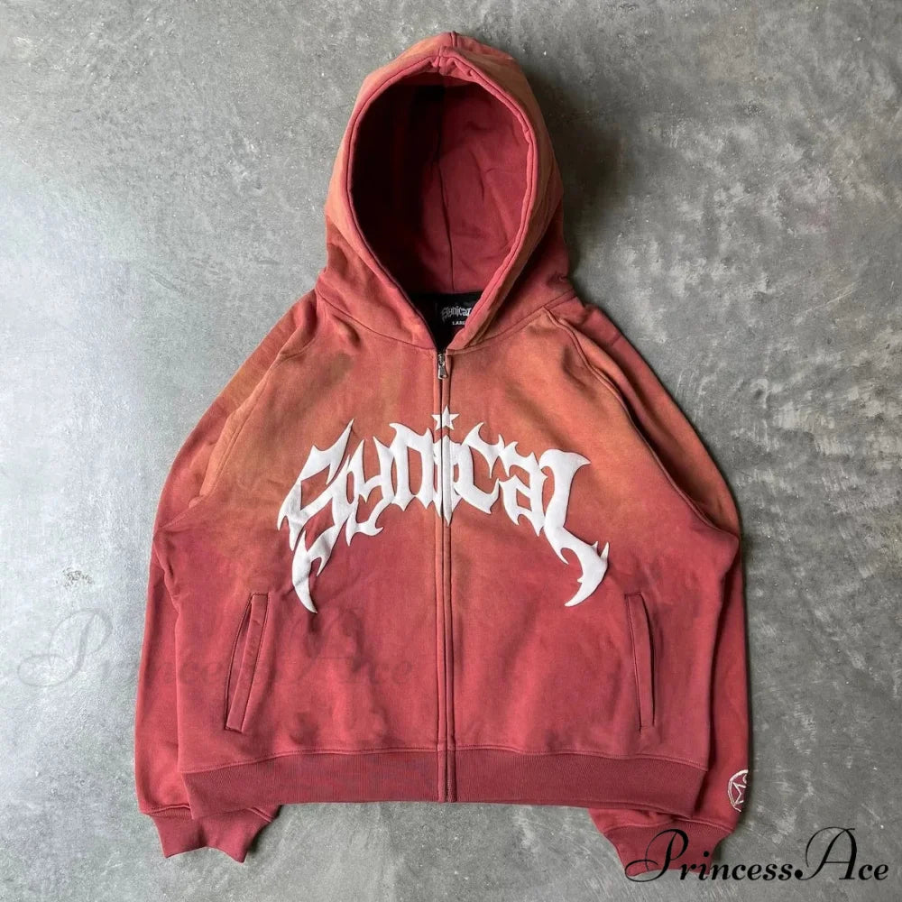 Antique Gothic Printed Zipper Hoodie red / M hoodies-241228