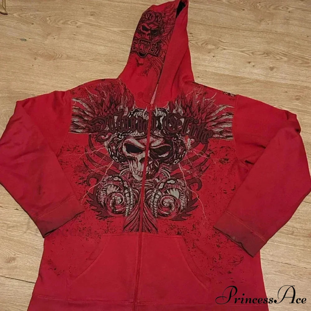 Antique Gothic Skeleton Zip Up Hoodie red / S hoodies-241228