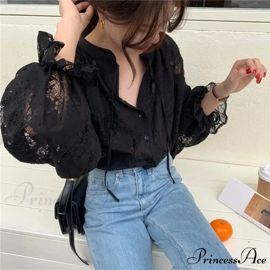 Antique Hook Hollow Blossom Lace Lantern Sleeve Blouse blouse-250126