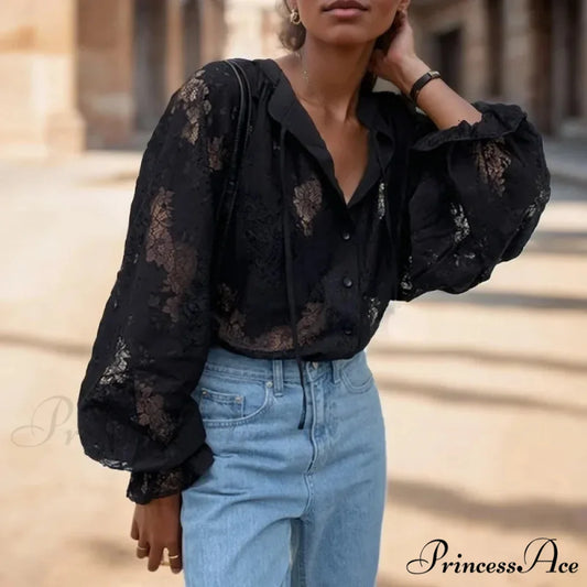 Antique Hook Hollow Blossom Lace Lantern Sleeve Blouse Black / S blouse-250126