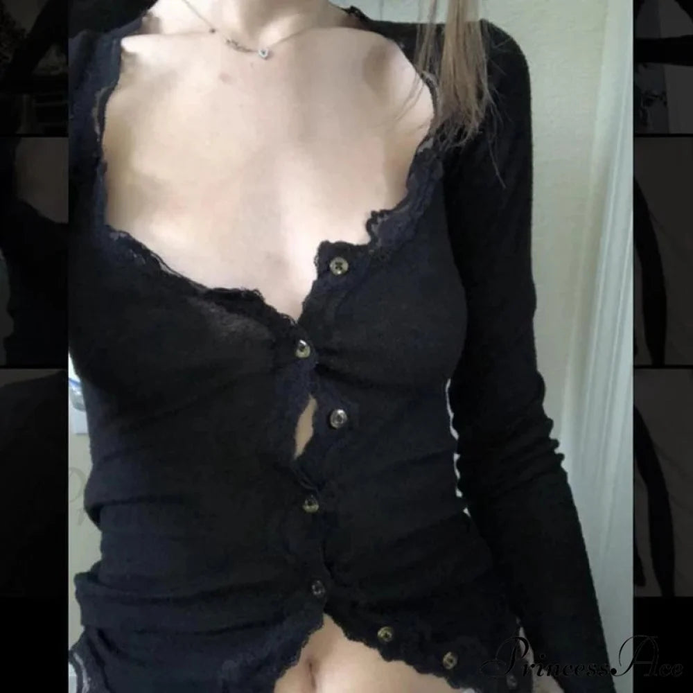 Antique Lace Edging Button Down Fitted Knit Top knittop-250126