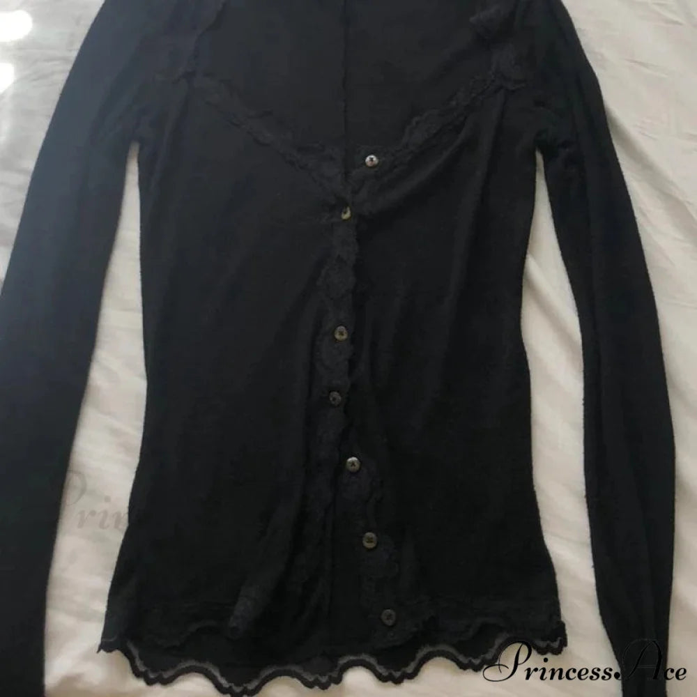 Antique Lace Edging Button Down Fitted Knit Top knittop-250126