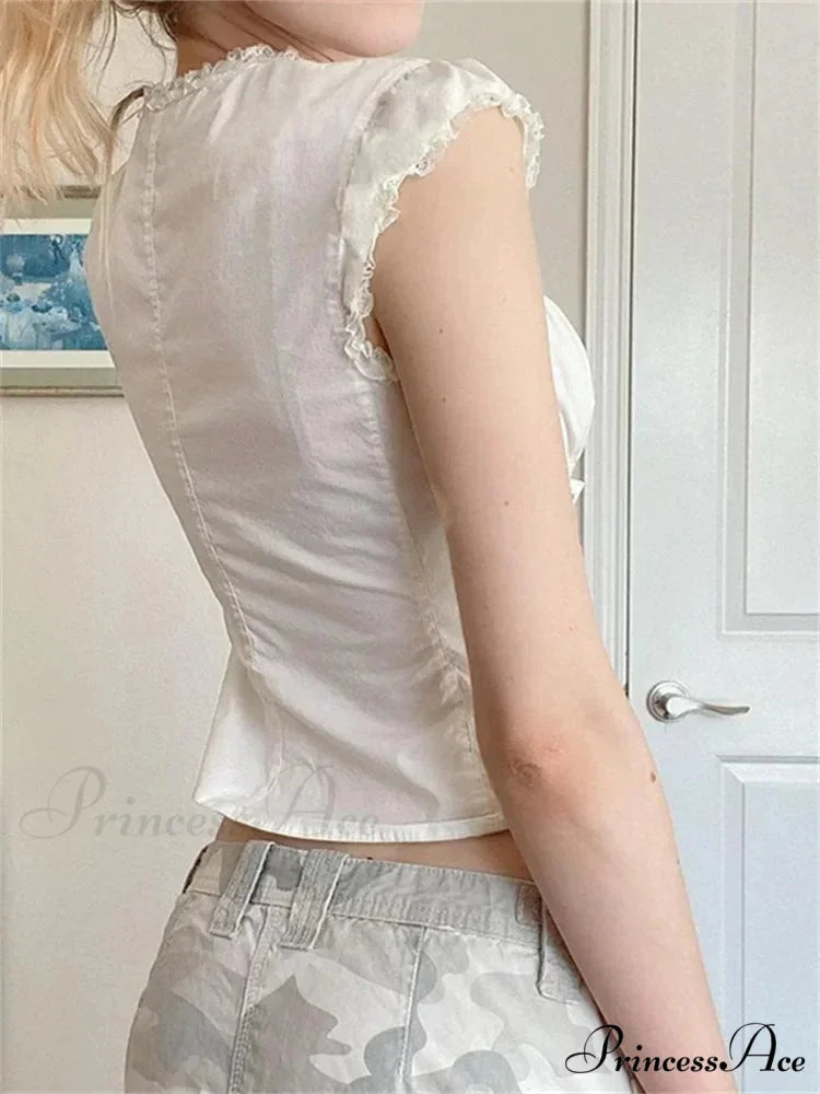 Antique Lace Edging Cap Sleeve Bandage Top blouse-250126