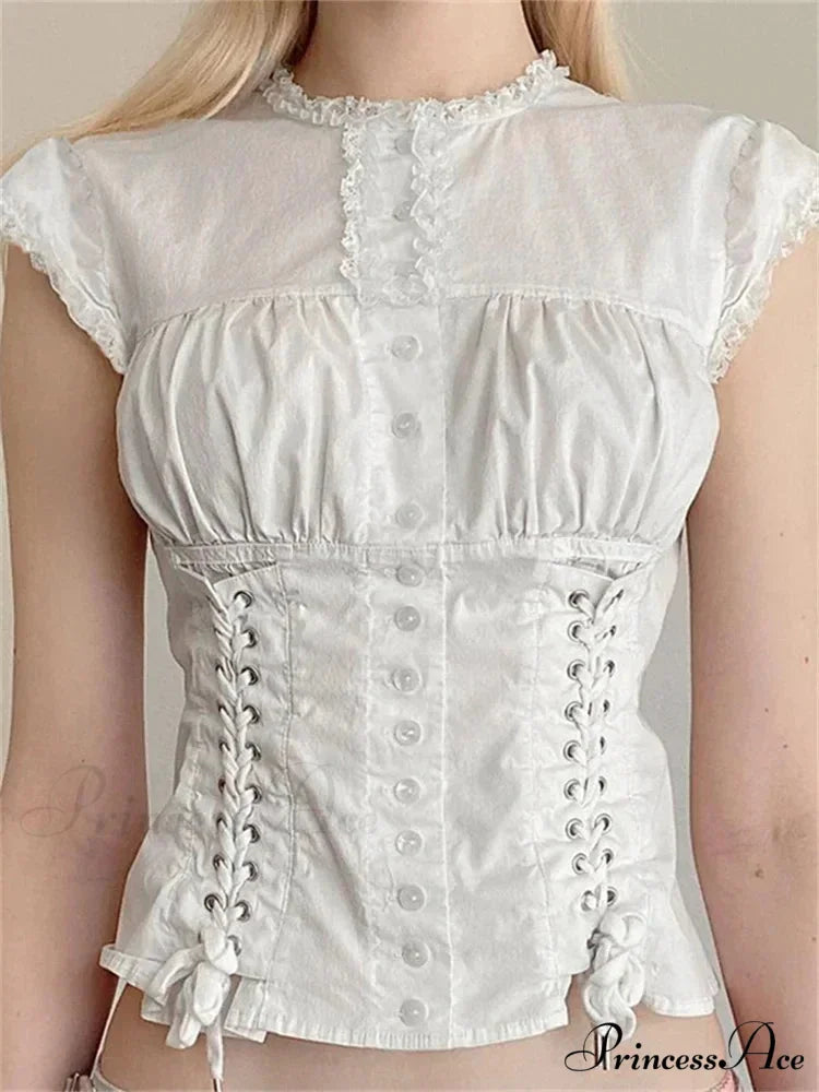 Antique Lace Edging Cap Sleeve Bandage Top blouse-250126
