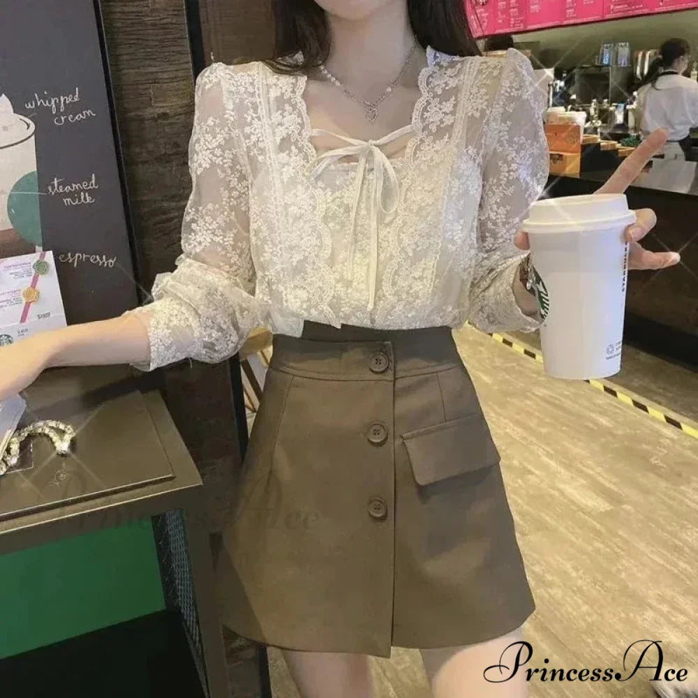 Antique Lace Puff Extended Sleeve Crochet Blouse blouse-250126