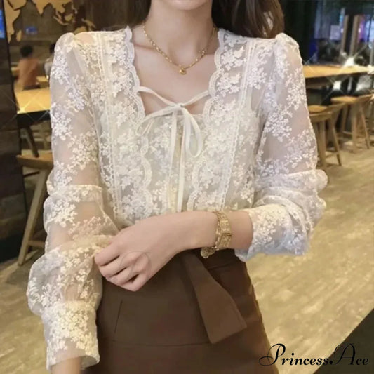 Antique Lace Puff Extended Sleeve Crochet Blouse APRICOT / S blouse-250126