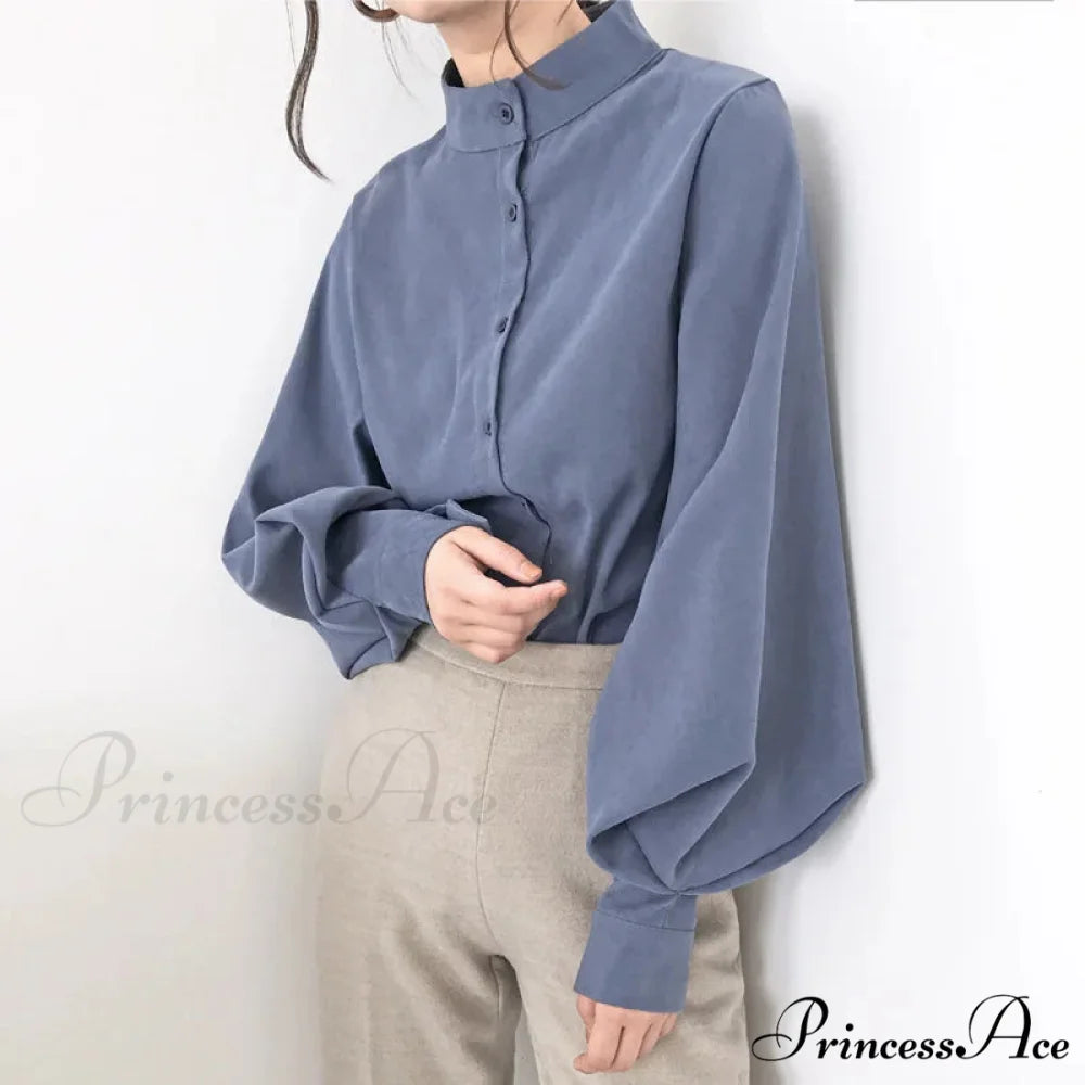 Antique Lantern Sleeve Baggy High Neck Blouse Blue / S blouse-250126