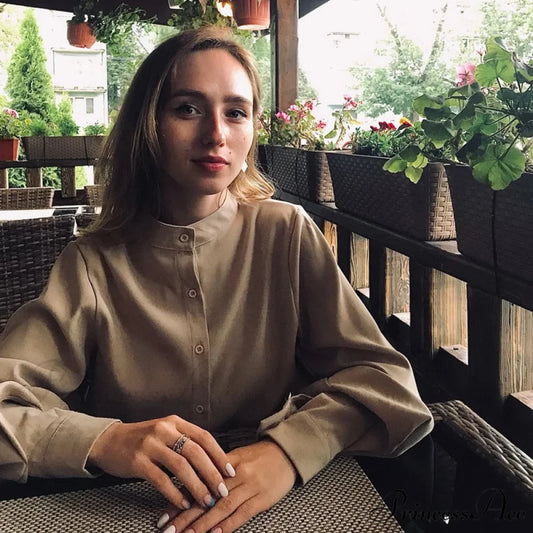 Antique Lantern Sleeve Baggy High Neck Blouse Khaki / S blouse-250126