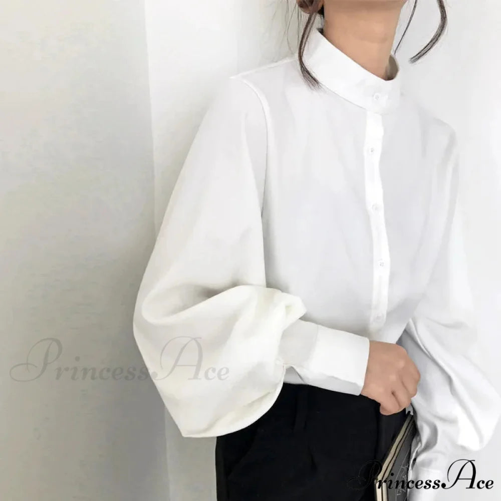 Antique Lantern Sleeve Baggy High Neck Blouse WHITE / S blouse-250126