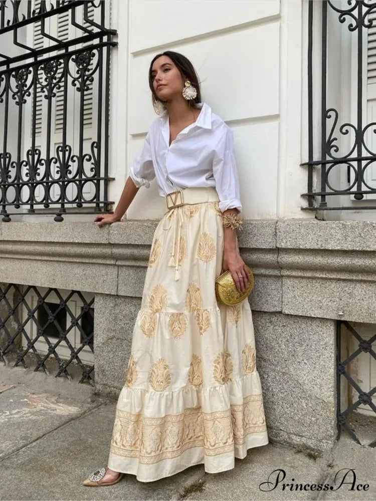 Antique Printed Cinched Waist Skirt skirt-250126