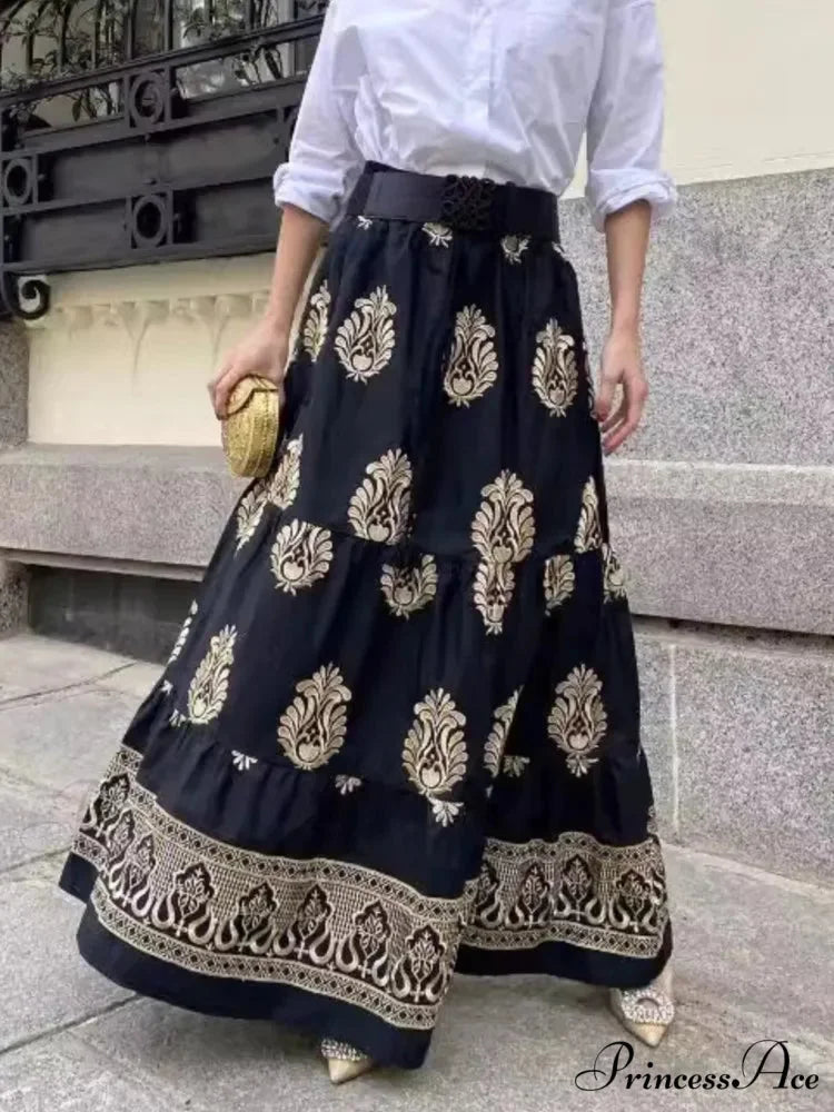 Antique Printed Cinched Waist Skirt skirt-250126