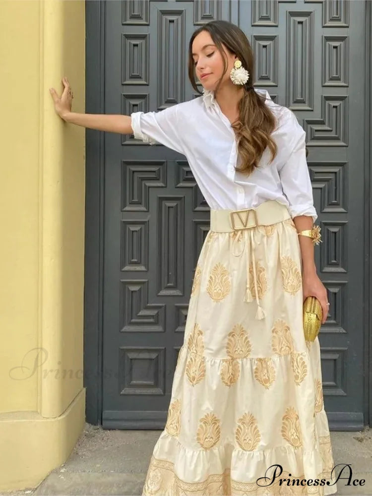 Antique Printed Cinched Waist Skirt skirt-250126