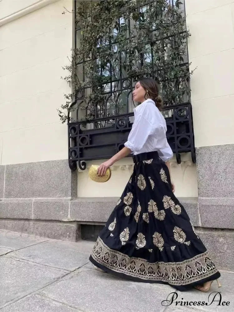 Antique Printed Cinched Waist Skirt skirt-250126