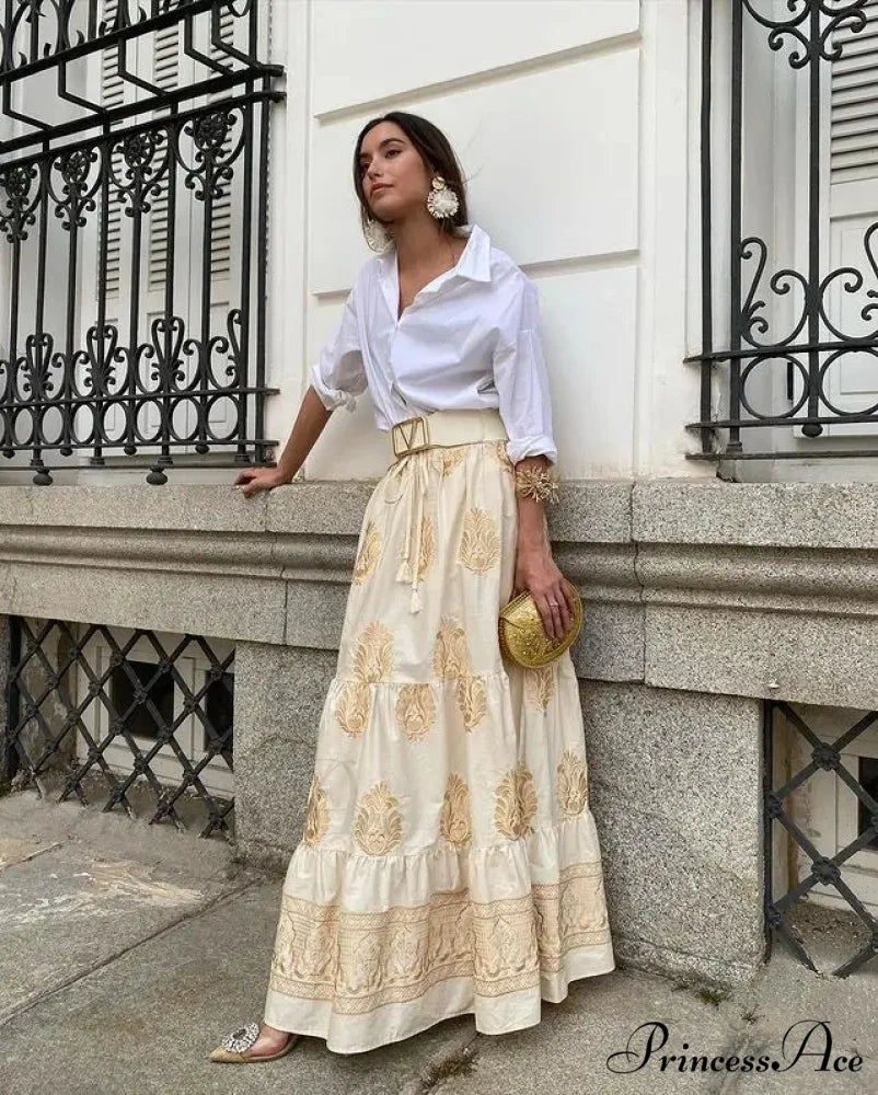 Antique Printed Cinched Waist Skirt Apricot-No Belt / S skirt-250126