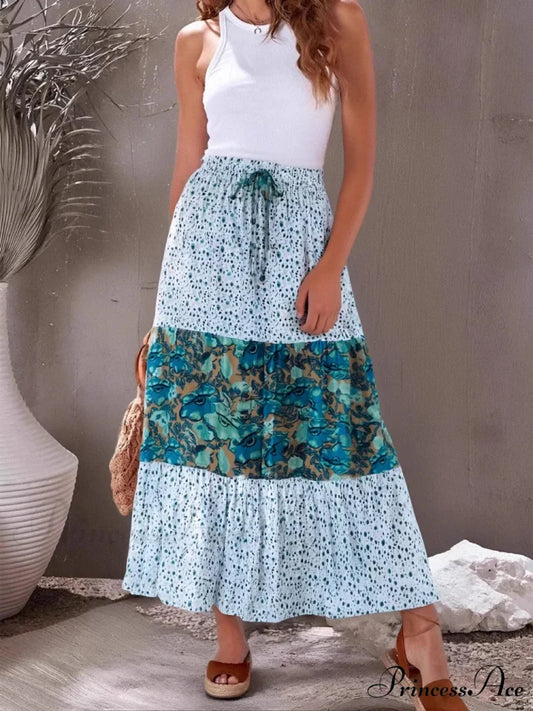 Antique Rose Floral Frills Seaside Bohemian A-Line Maxi Skirt Green / M skirt-250126