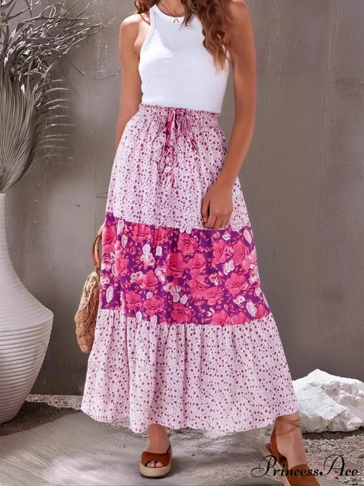Antique Rose Floral Frills Seaside Bohemian A-Line Maxi Skirt Pink / M skirt-250126
