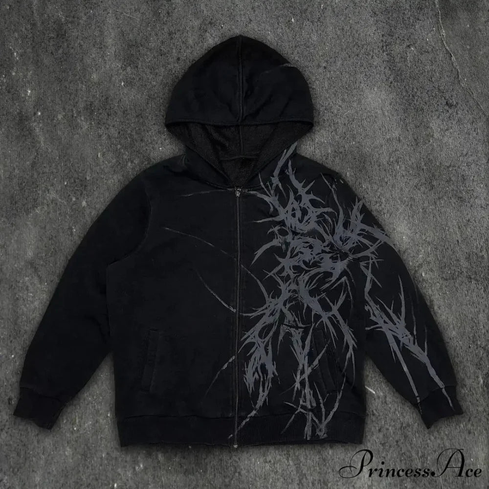 Antique Skull Flower Print Hoodie black 1 / S hoodies-241228