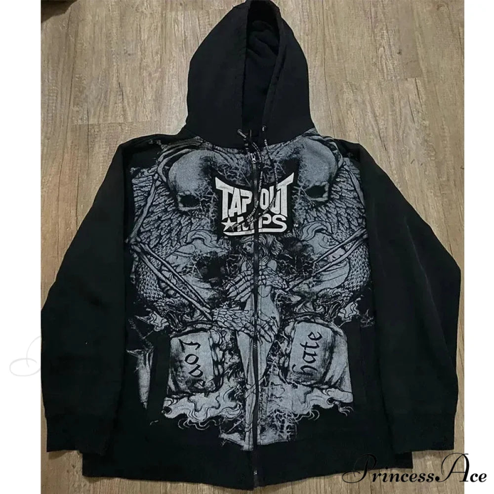 Antique Skull Flower Print Hoodie black 12 / S hoodies-241228