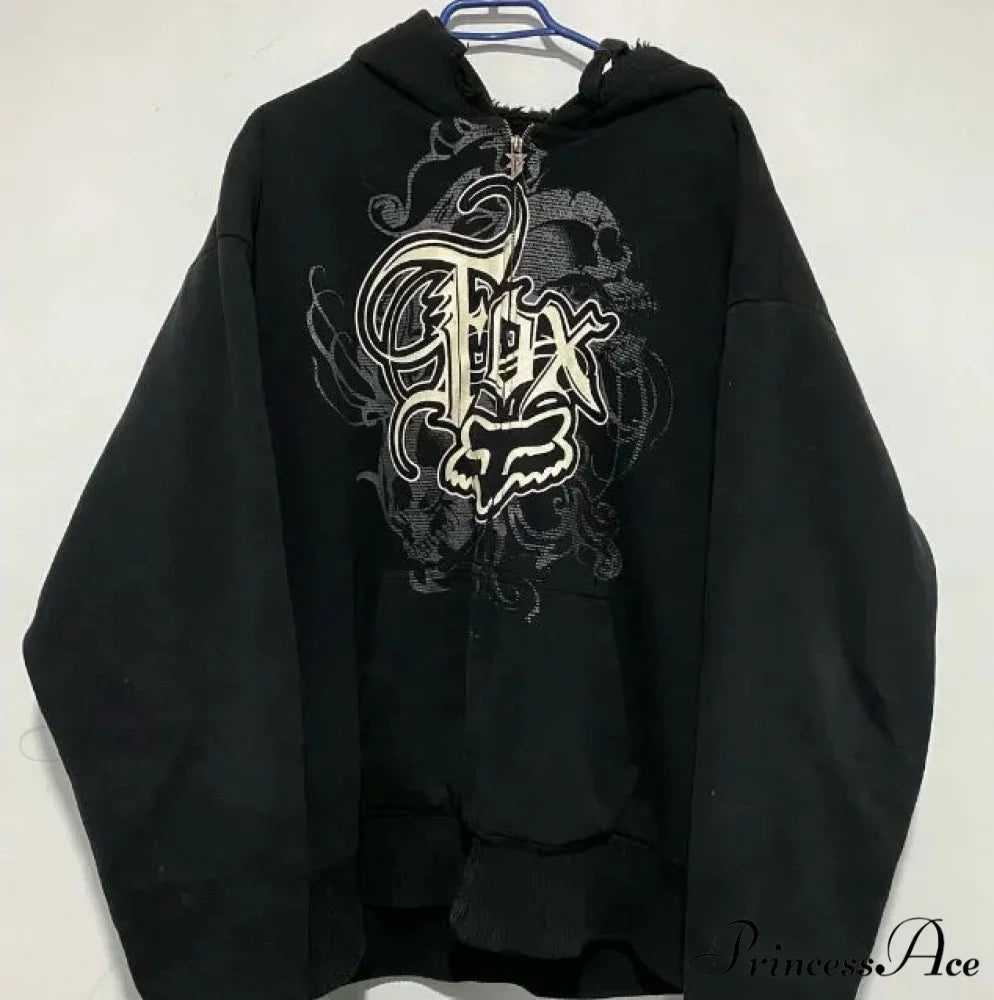 Antique Skull Flower Print Hoodie black 18 / S hoodies-241228