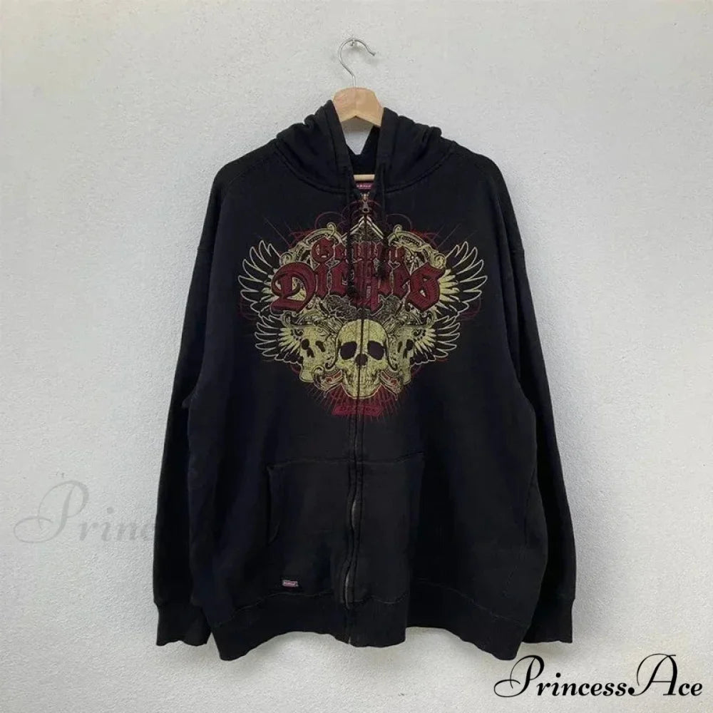 Antique Skull Flower Print Hoodie black 5 / S hoodies-241228