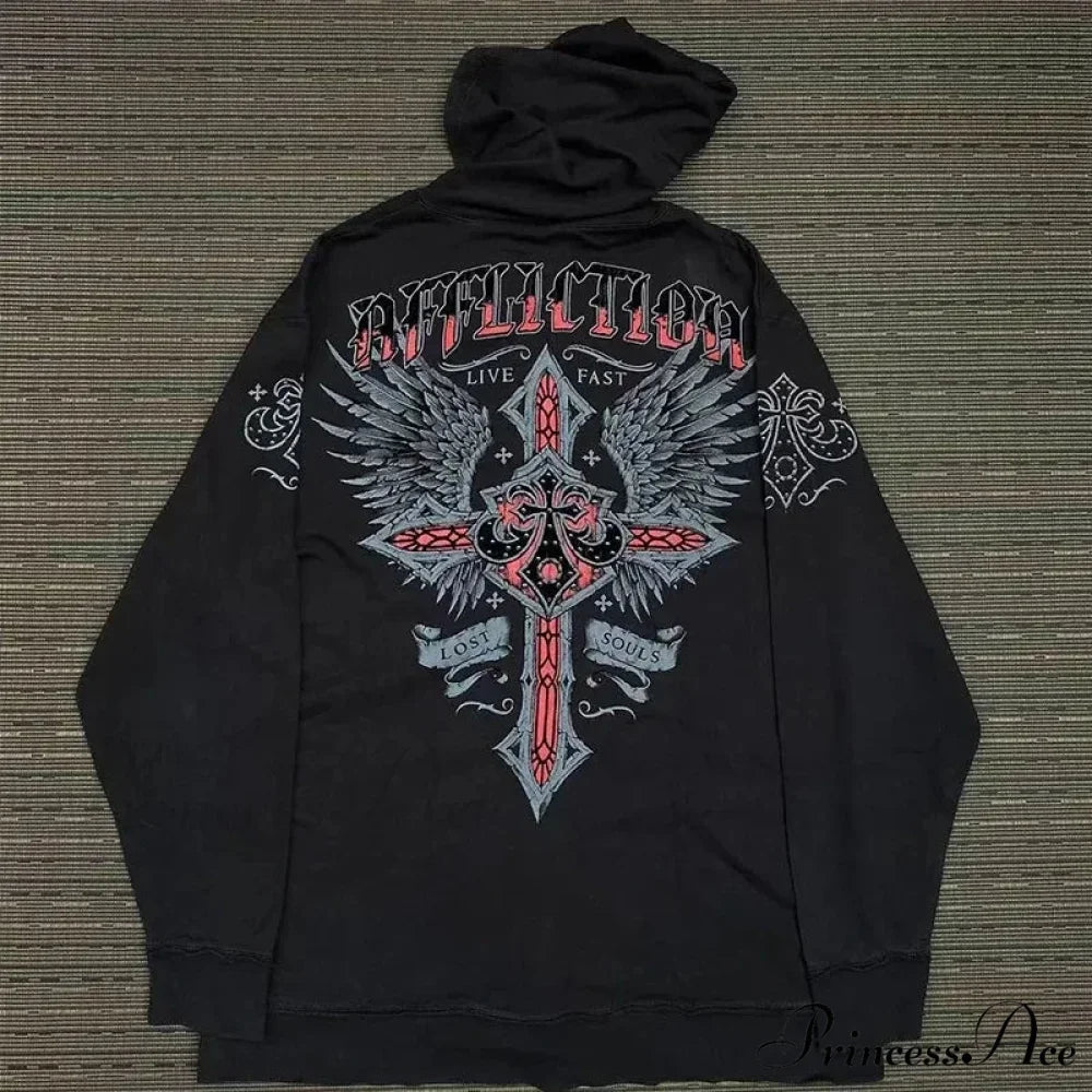 Antique Skull Flower Print Hoodie black 7 / S hoodies-241228